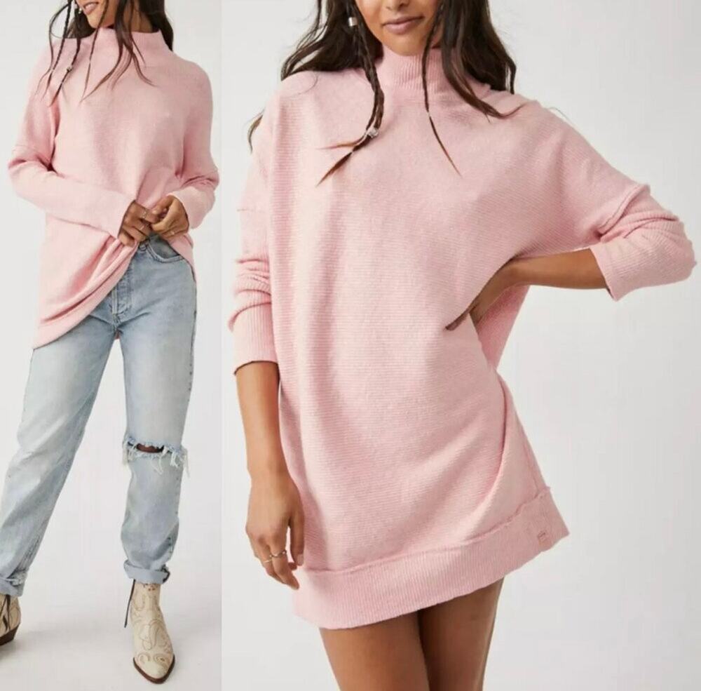 We The Free Pink Free People Casey Ribbed Knit Mock Neck Tunic Longline Sweater